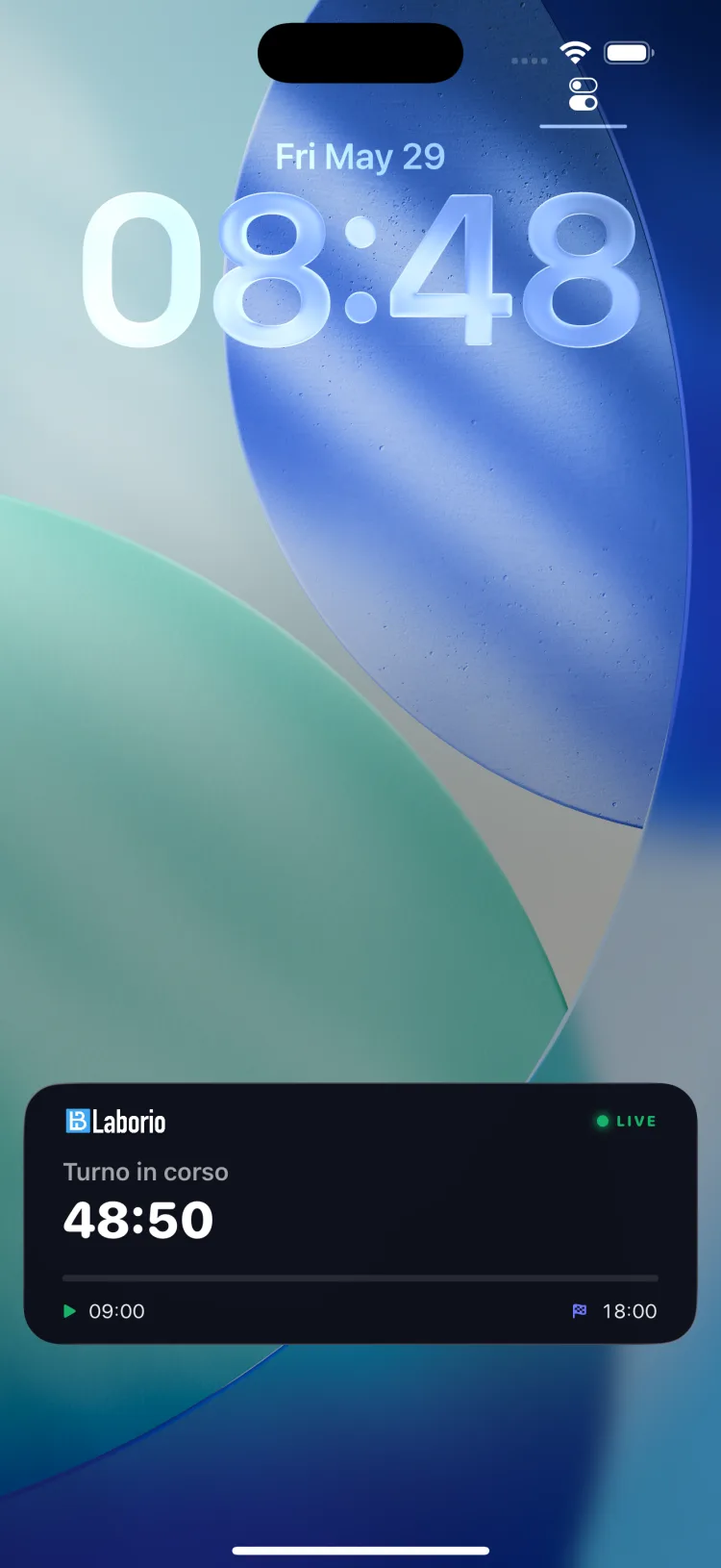 Laborio Live Activity auf dem Sperrbildschirm — laufende Schicht