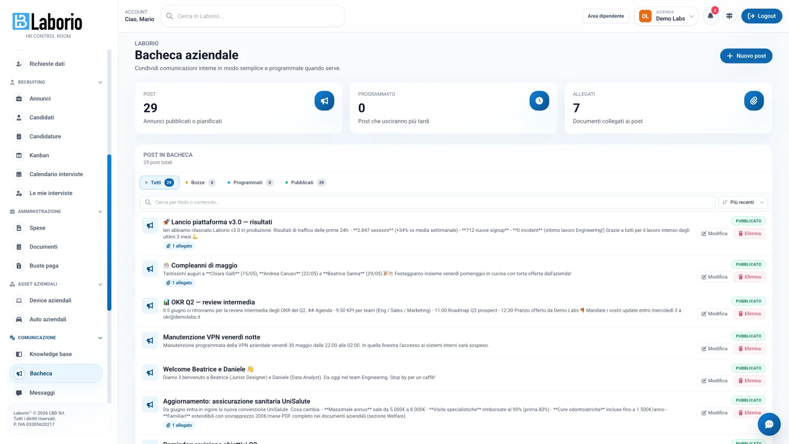 Bacheca aziendale — comunicazioni interne programmabili
